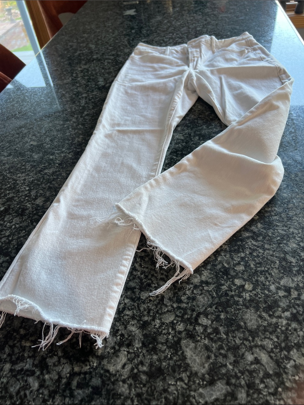 Good American White Straight Leg Frayed Hem Jeans